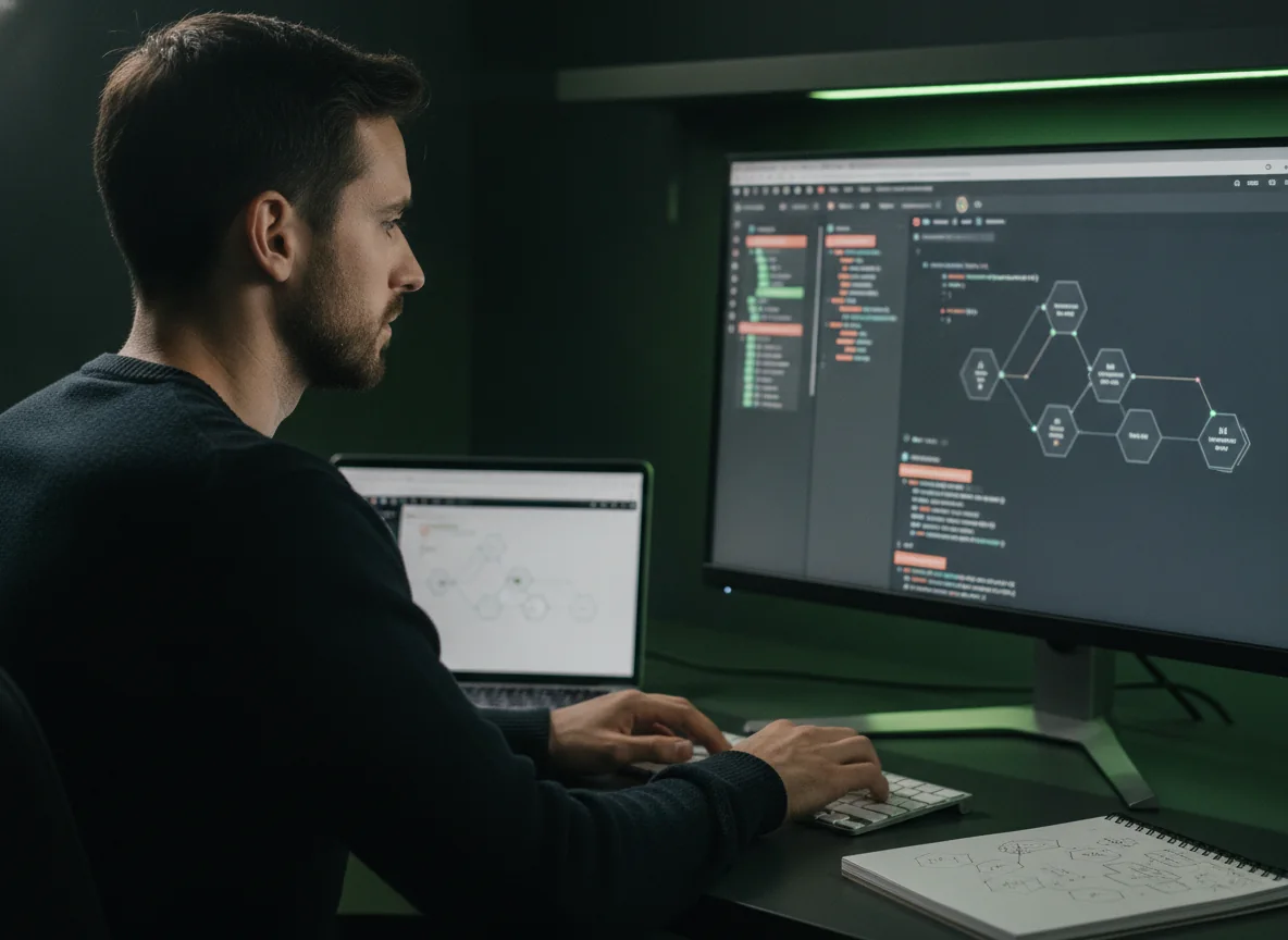 Experienced software engineer writing code at a monitor alongside an AI workflow diagram
